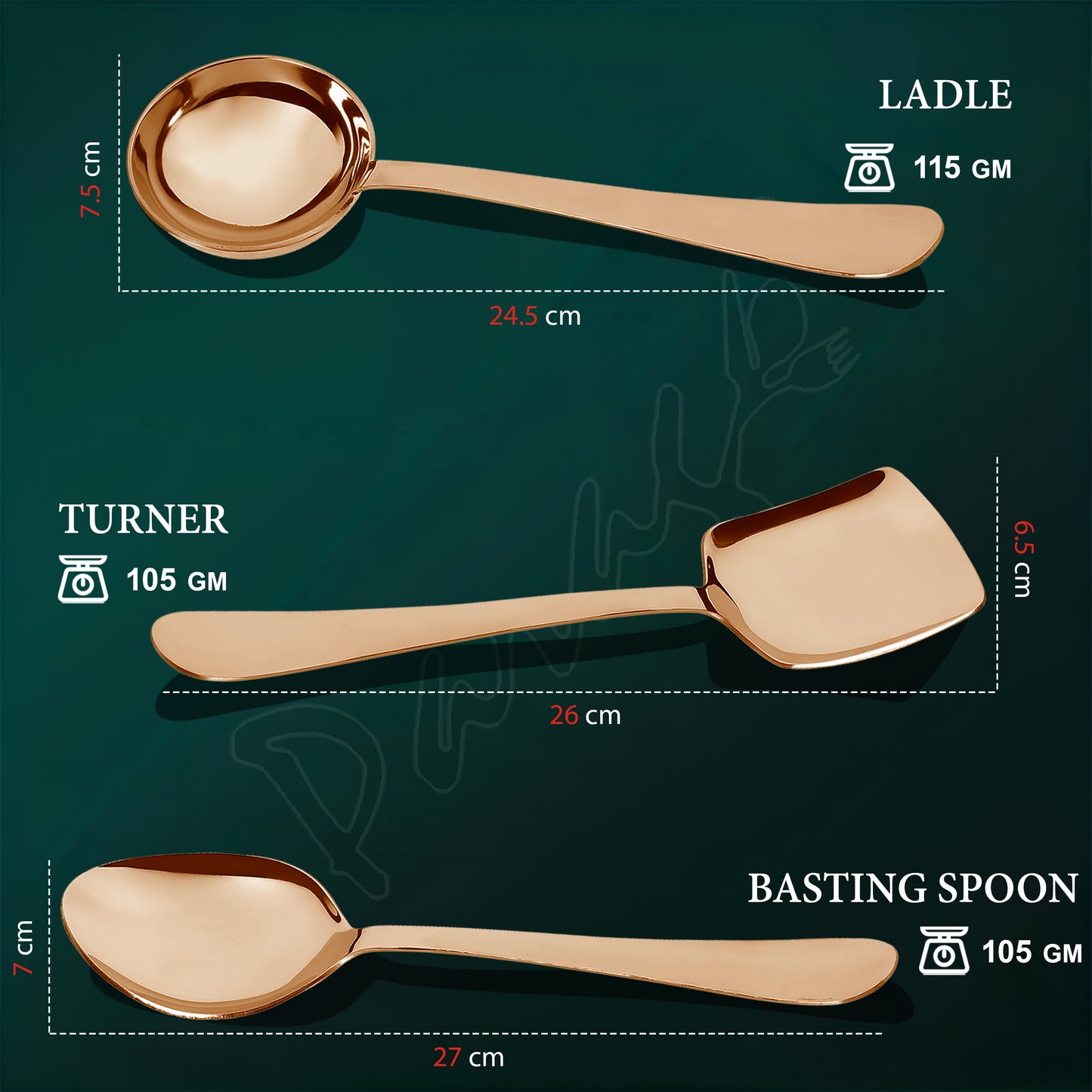 3-Piece Stainless Steel Rose Gold Serving Spoon Set | Heavy Gauge 1.8mm, 1 Soup, 1 Solid & 1 Rice Spoons ROYALPVDRGSS3 4