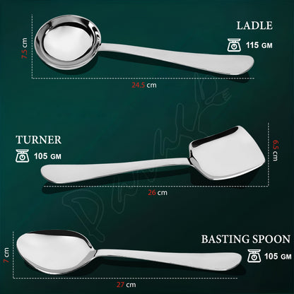 3-Piece Stainless Steel Serving Spoon Set | Heavy Gauge 1.8mm, 1 Soup, 1 Solid & 1 Rice Spoons (Silver)