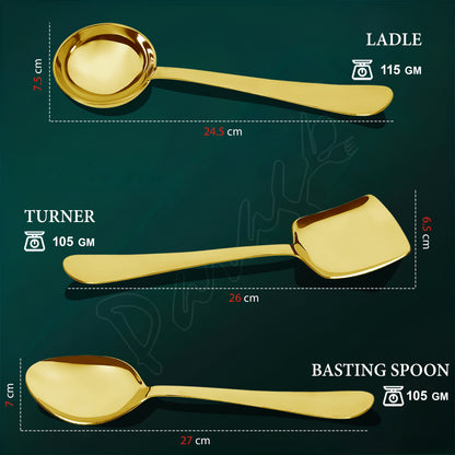 3-Piece Stainless Steel Golden Serving Spoons Set for Kitchen/Dining Table - Heavy Gauge PVD Gold (Soup Ladle, Solid Spoon, Rice Spoon)