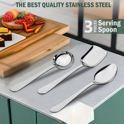 3-Piece Stainless Steel Serving Spoon Set | Heavy Gauge 1.8mm, 1 Soup, 1 Solid & 1 Rice Spoons (Silver)