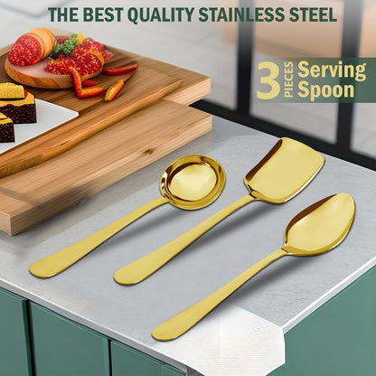 3-Piece Stainless Steel Golden Serving Spoons Set for Kitchen/Dining Table - Heavy Gauge PVD Gold (Soup Ladle, Solid Spoon, Rice Spoon)
