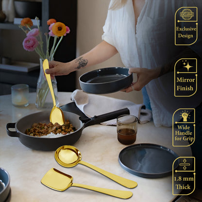 3-Piece Stainless Steel Golden Serving Spoons Set for Kitchen/Dining Table - Heavy Gauge PVD Gold (Soup Ladle, Solid Spoon, Rice Spoon)