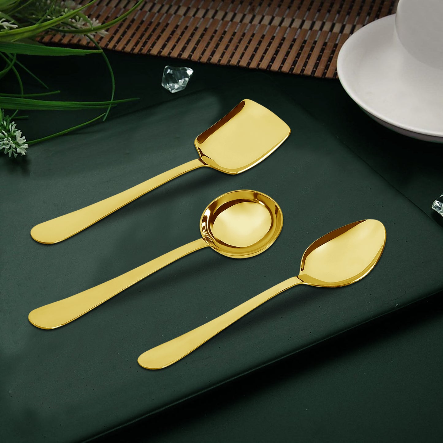 3-Piece Stainless Steel Golden Serving Spoons Set for Kitchen/Dining Table - Heavy Gauge PVD Gold (Soup Ladle, Solid Spoon, Rice Spoon)