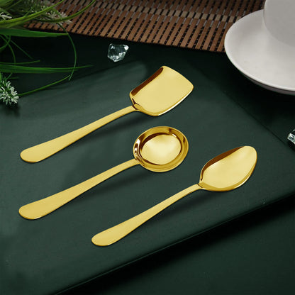 3-Piece Stainless Steel Golden Serving Spoons Set for Kitchen/Dining Table - Heavy Gauge PVD Gold (Soup Ladle, Solid Spoon, Rice Spoon)
