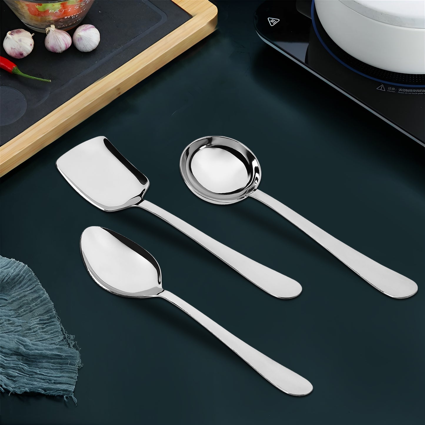 3-Piece Stainless Steel Serving Spoon Set | Heavy Gauge 1.8mm, 1 Soup, 1 Solid & 1 Rice Spoons (Silver)