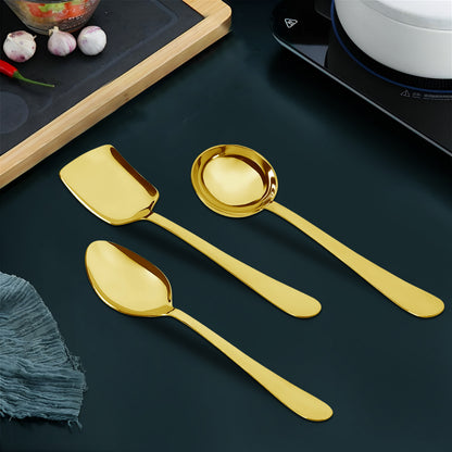 3-Piece Stainless Steel Golden Serving Spoons Set for Kitchen/Dining Table - Heavy Gauge PVD Gold (Soup Ladle, Solid Spoon, Rice Spoon)