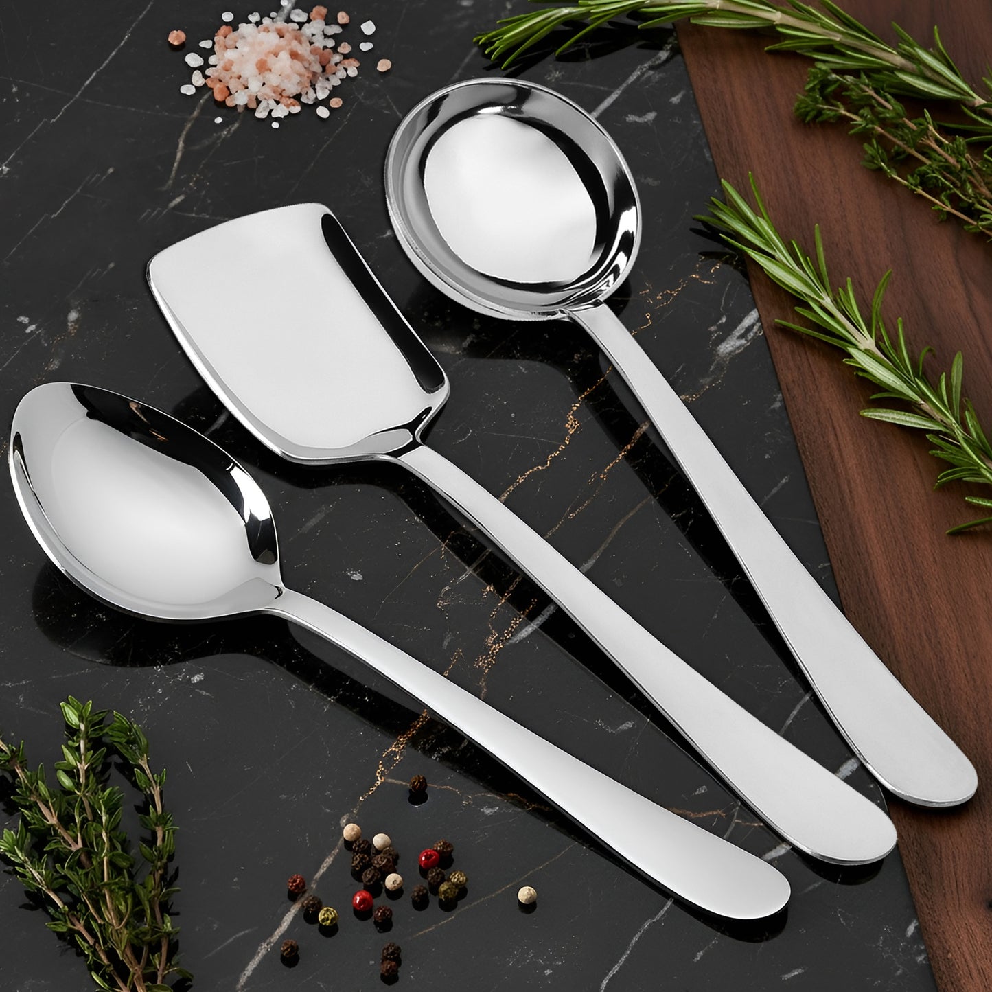 3-Piece Stainless Steel Serving Spoon Set | Heavy Gauge 1.8mm, 1 Soup, 1 Solid & 1 Rice Spoons (Silver)