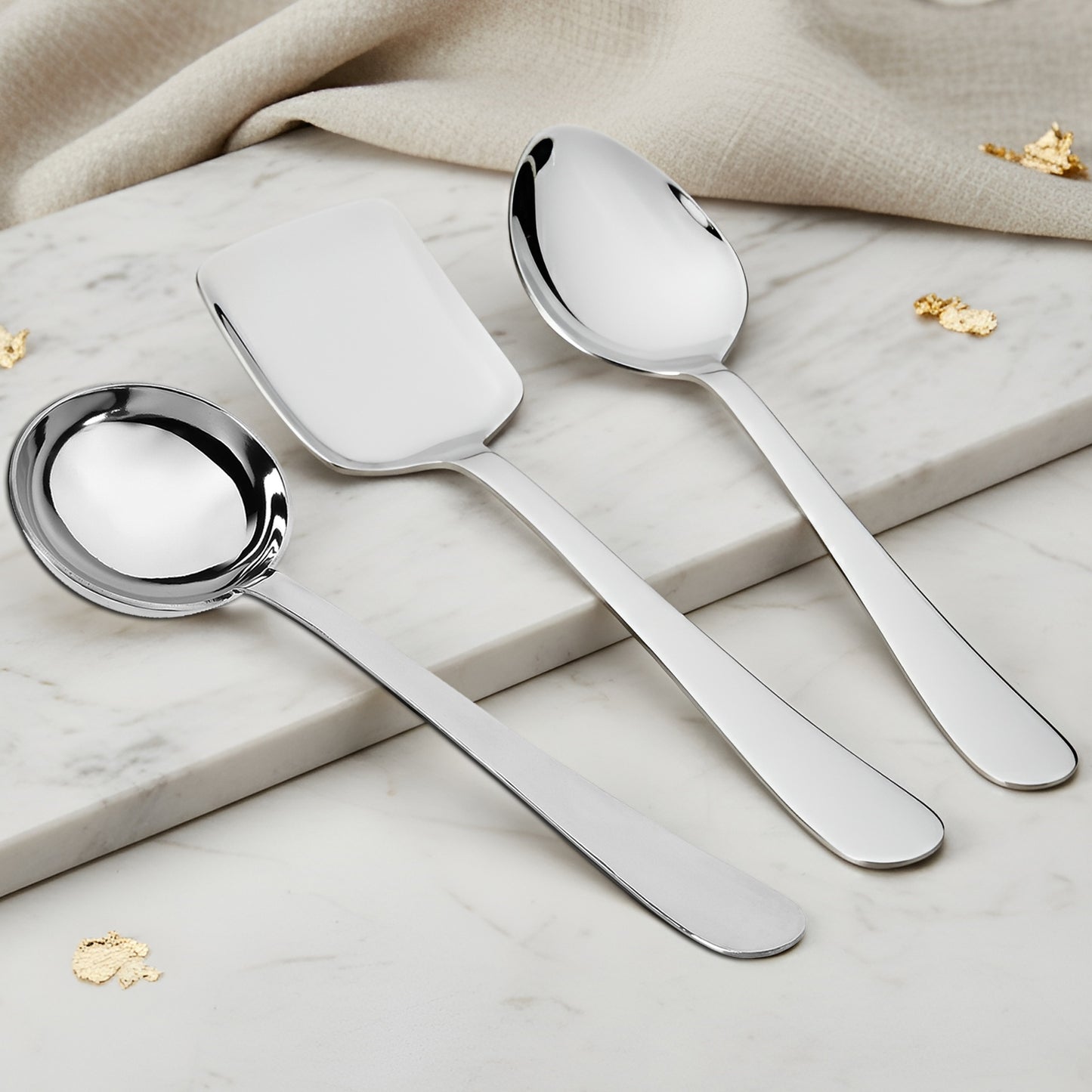 3-Piece Stainless Steel Serving Spoon Set | Heavy Gauge 1.8mm, 1 Soup, 1 Solid & 1 Rice Spoons (Silver)