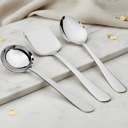 3-Piece Stainless Steel Serving Spoon Set | Heavy Gauge 1.8mm, 1 Soup, 1 Solid & 1 Rice Spoons (Silver)