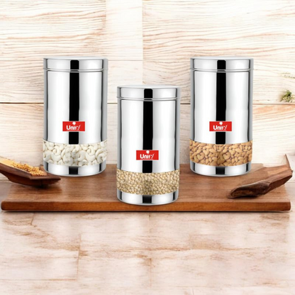 3-Piece Stainless Steel Container Set | 900ML Airtight Jars for Home & Kitchen - Ideal for Spices, Food Grains, Nuts, Glossy Finish