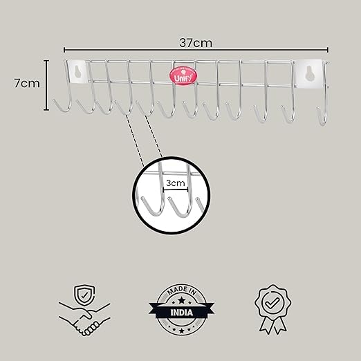 2-Piece Stainless Steel Wall Cloth Hanger with 12 Hooks | Bathroom & Kitchen (Silver) 12HOOKRAIL2 2