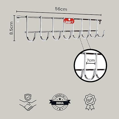 2-Piece Stainless Steel Wall Cloth Hanger with 8 Hooks | Bathroom & Kitchen (Silver) 8HOOKRAIL2 2