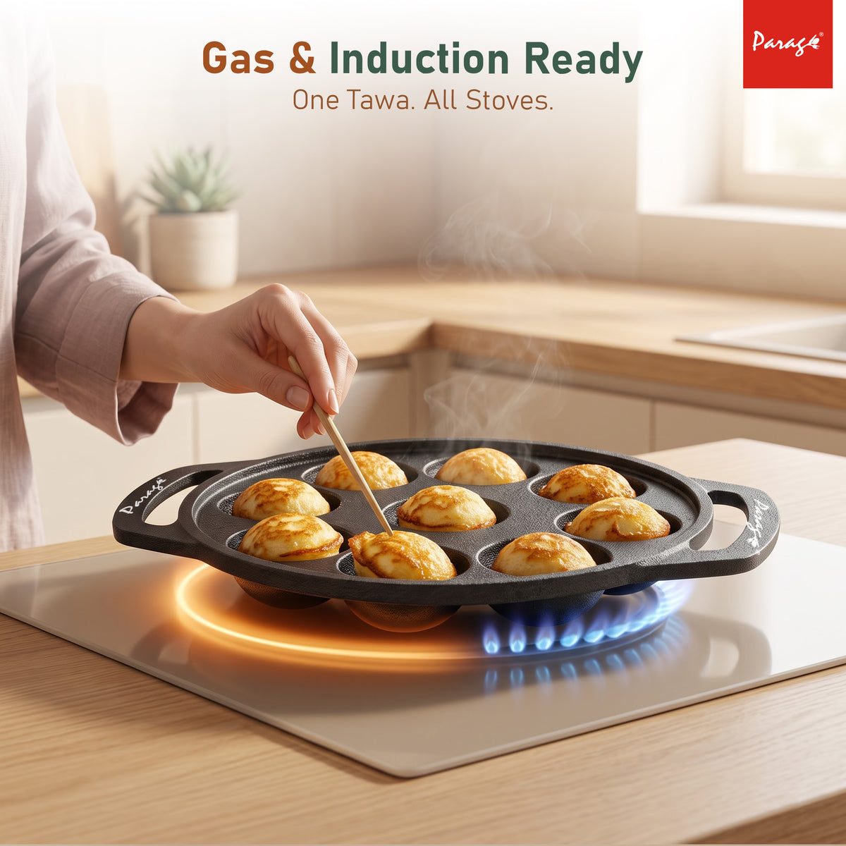 Cast Iron Paniyaram Appe Pan, 9 Pits, Appam Maker & Paniyaram Tawa, Heavy Duty Naturally Non-Stick Cast Iron Cookwar – Parage