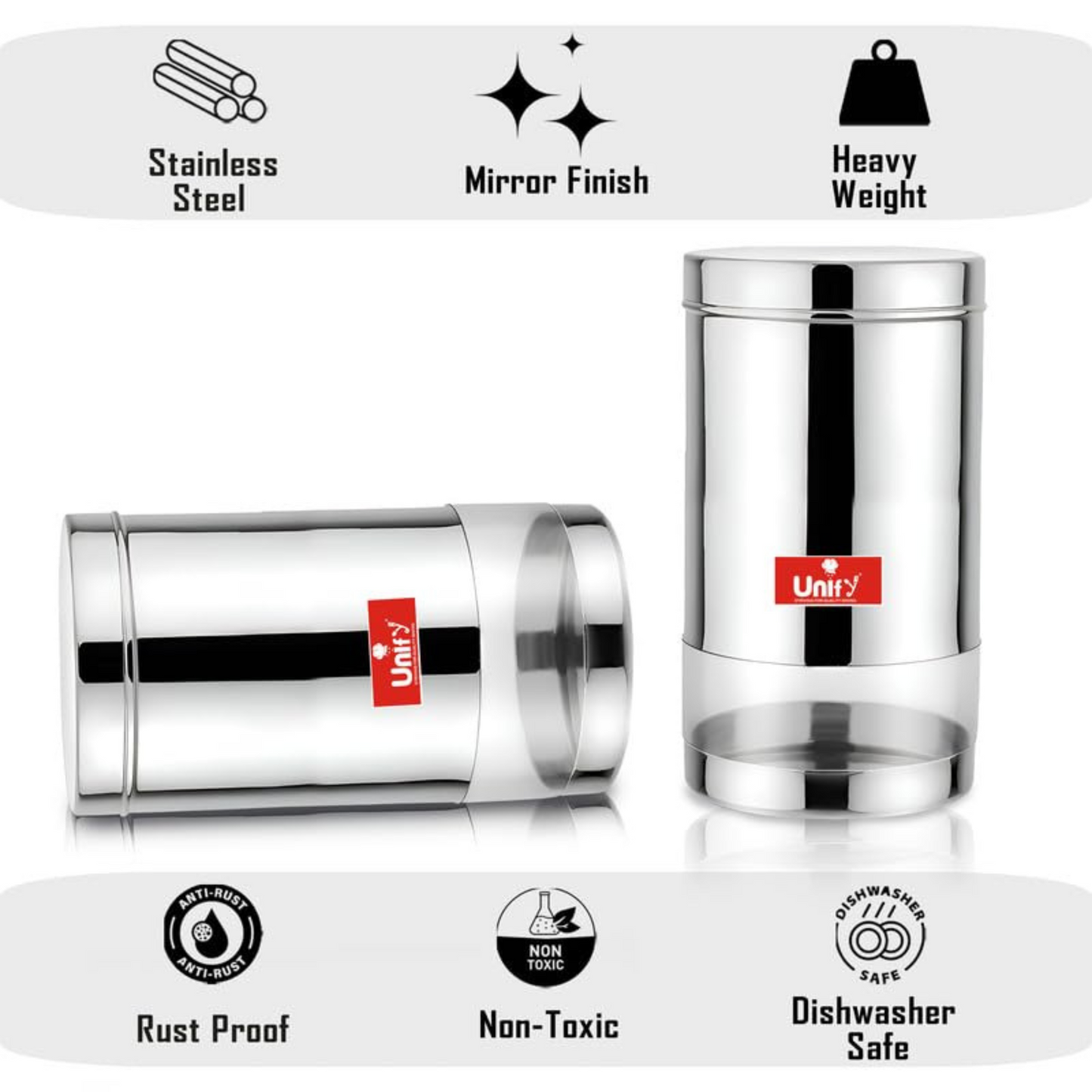 6-Piece Stainless Steel Container Set | 900ML Airtight Jars for Home & Kitchen - Ideal for Spices, Food Grains, Nuts, Glossy Finish