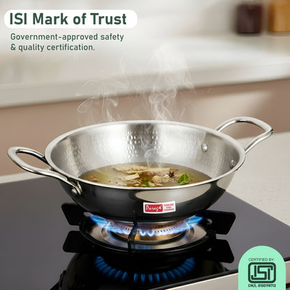1 Piece Tripure Tri-Ply Hammered Stainless Steel Kadhai 24 cm | ISI Mark Certified | 2.6 LTR Deep Kadhai for Induction & Gas Stove | Even Heat Distribution, Non-Reactive, Heavy Bottom Cookware