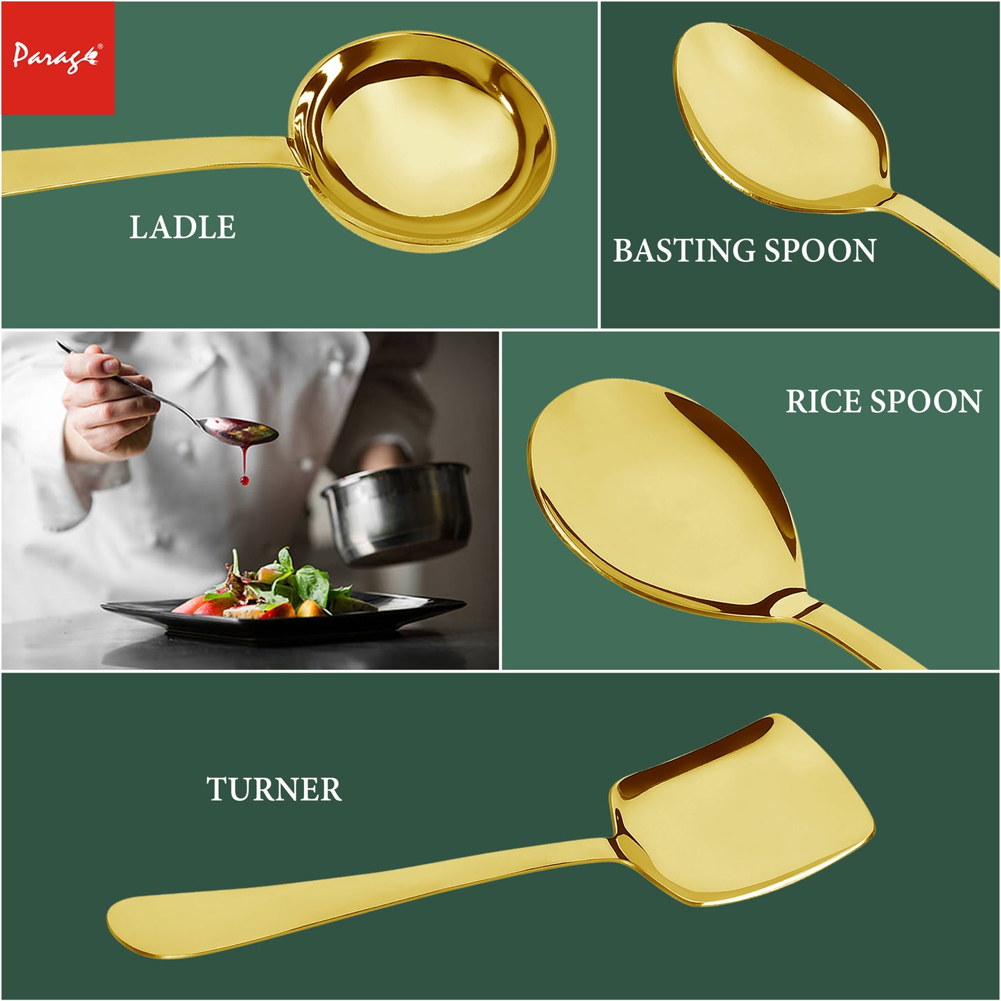 4 Pcs Stainless Steel Gold Serving Spoons Set - Heavy Gauge Kitchen Use