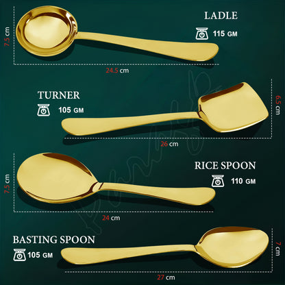 4 Pcs Stainless Steel Gold Serving Spoons Set - Heavy Gauge Kitchen Use