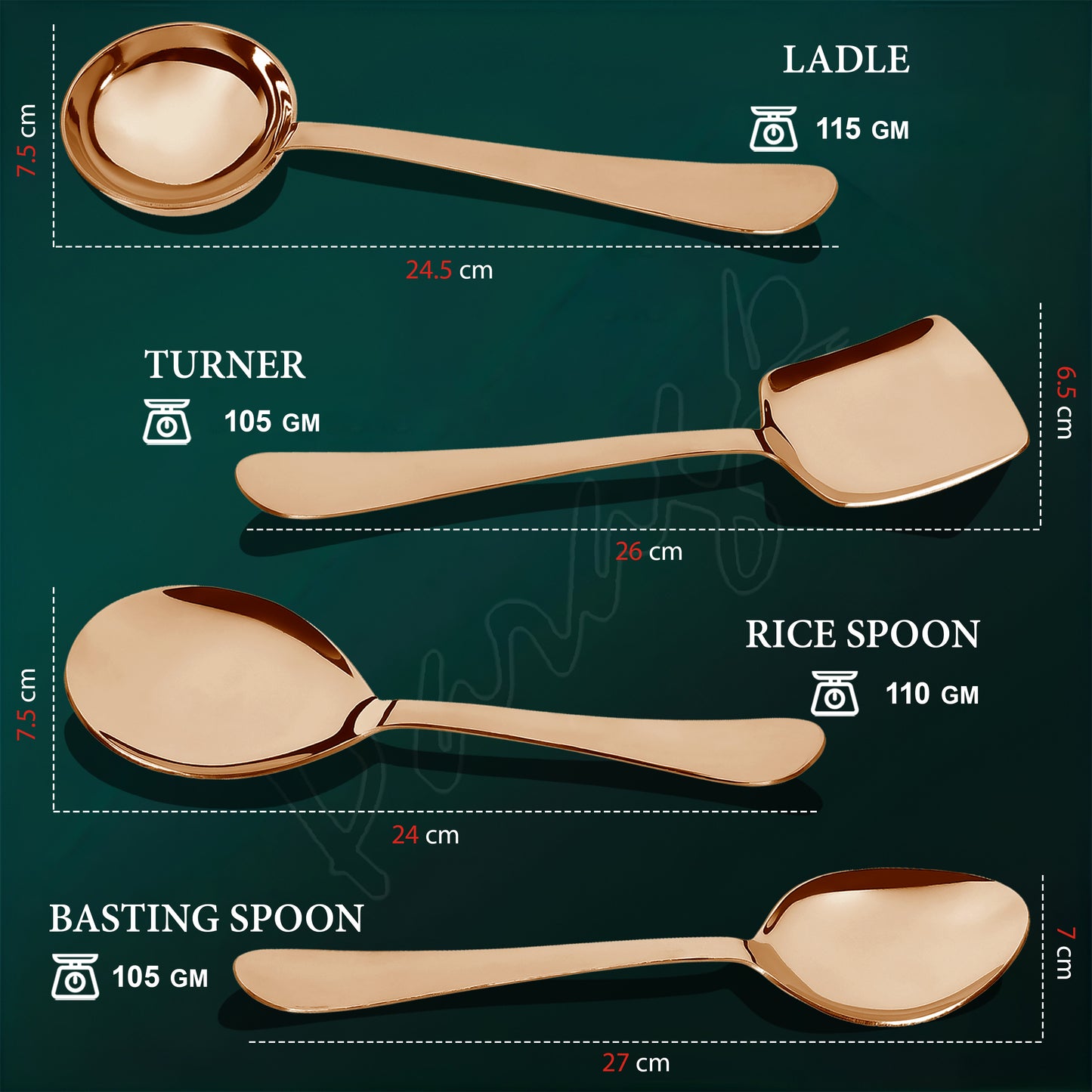 4-Piece Stainless Steel Rose Gold Serving Spoon Set | Heavy Gauge 1.8mm, 1 Soup, 1 Solid & 2 Rice Spoons