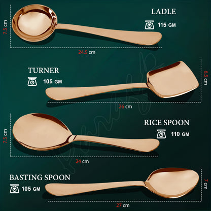4-Piece Stainless Steel Rose Gold Serving Spoon Set | Heavy Gauge 1.8mm, 1 Soup, 1 Solid & 2 Rice Spoons