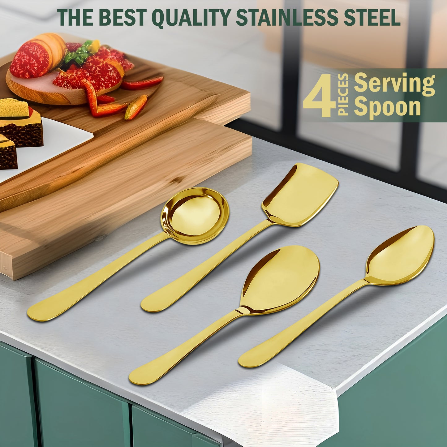 4 Pcs Stainless Steel Gold Serving Spoons Set - Heavy Gauge Kitchen Use