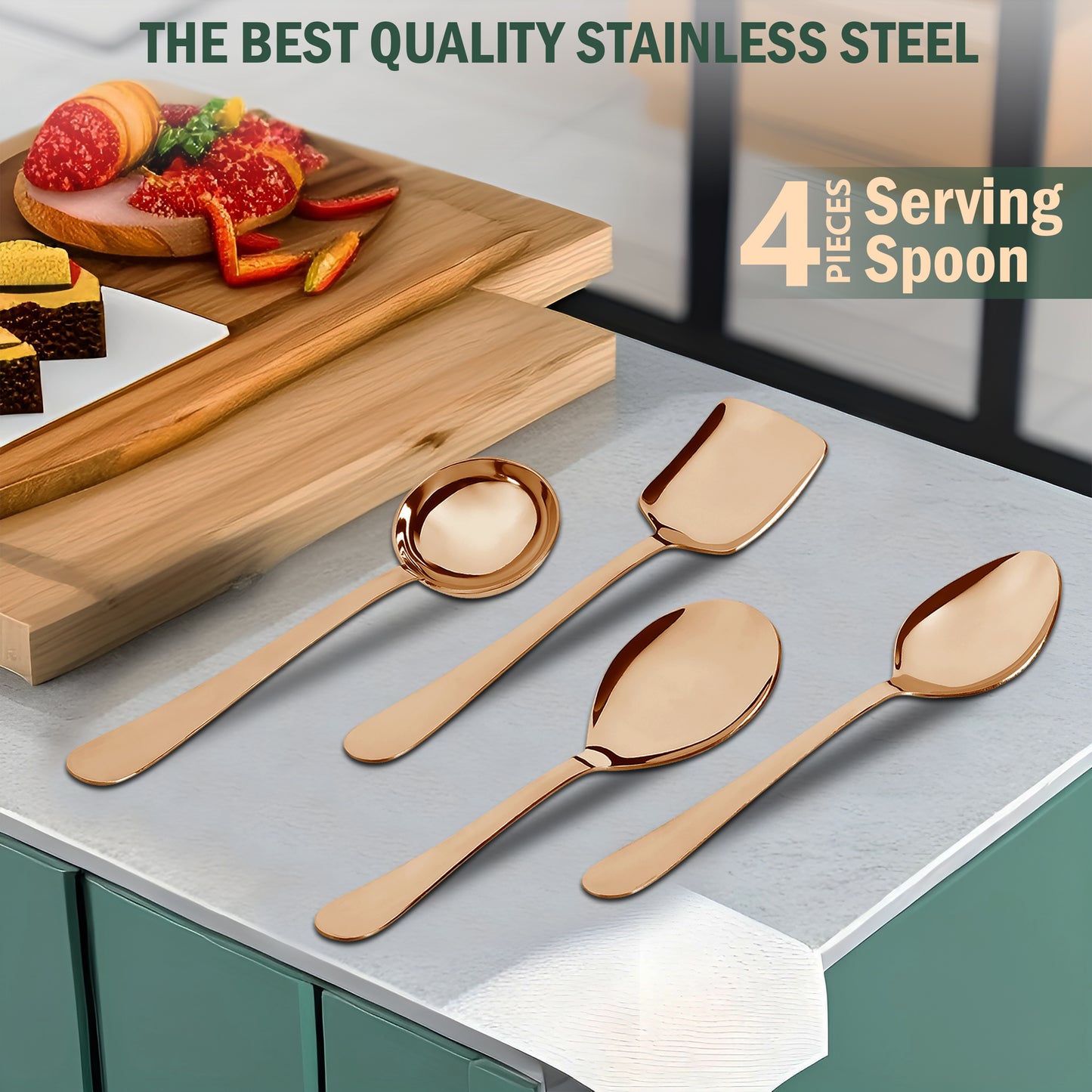 4-Piece Stainless Steel Rose Gold Serving Spoon Set | Heavy Gauge 1.8mm, 1 Soup, 1 Solid & 2 Rice Spoons