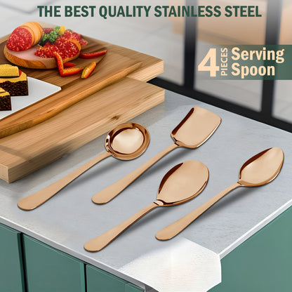 4-Piece Stainless Steel Rose Gold Serving Spoon Set | Heavy Gauge 1.8mm, 1 Soup, 1 Solid & 2 Rice Spoons
