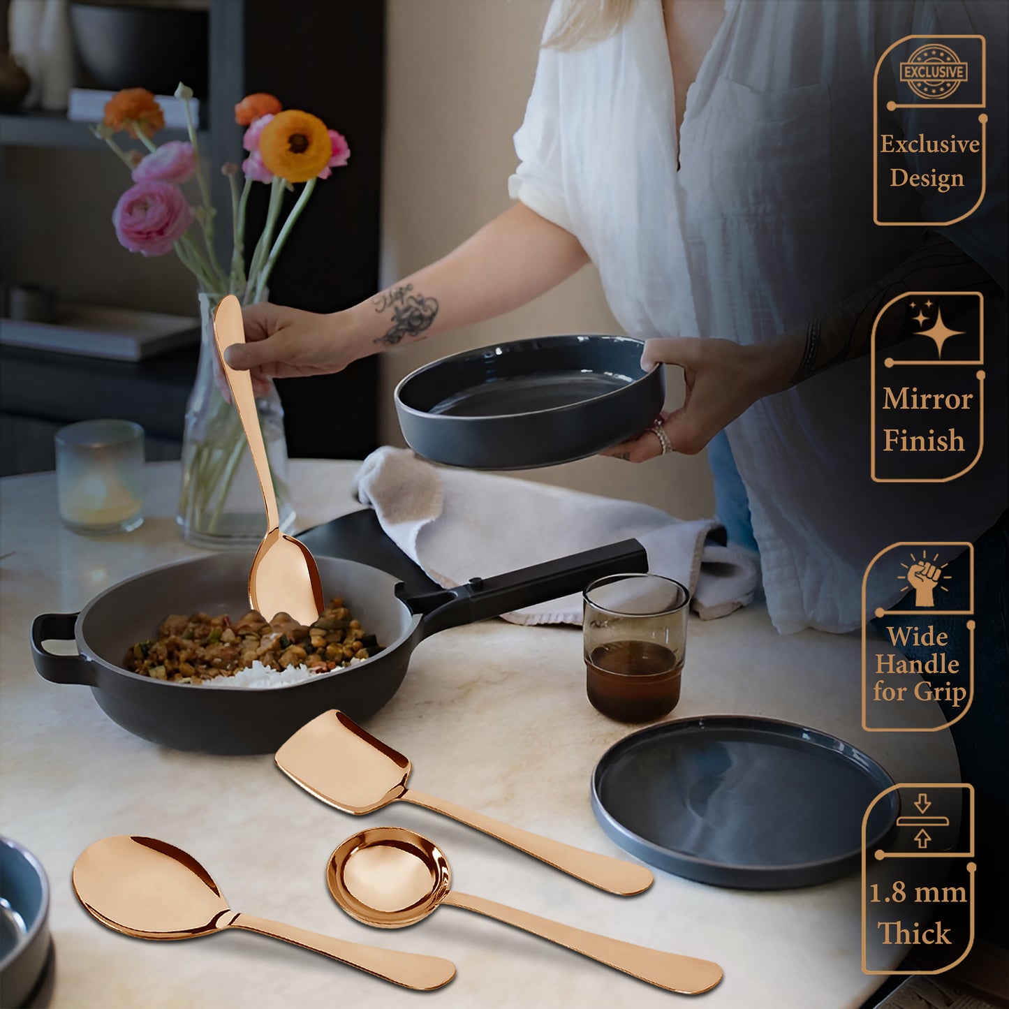4-Piece Stainless Steel Rose Gold Serving Spoon Set | Heavy Gauge 1.8mm, 1 Soup, 1 Solid & 2 Rice Spoons
