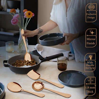 4-Piece Stainless Steel Rose Gold Serving Spoon Set | Heavy Gauge 1.8mm, 1 Soup, 1 Solid & 2 Rice Spoons