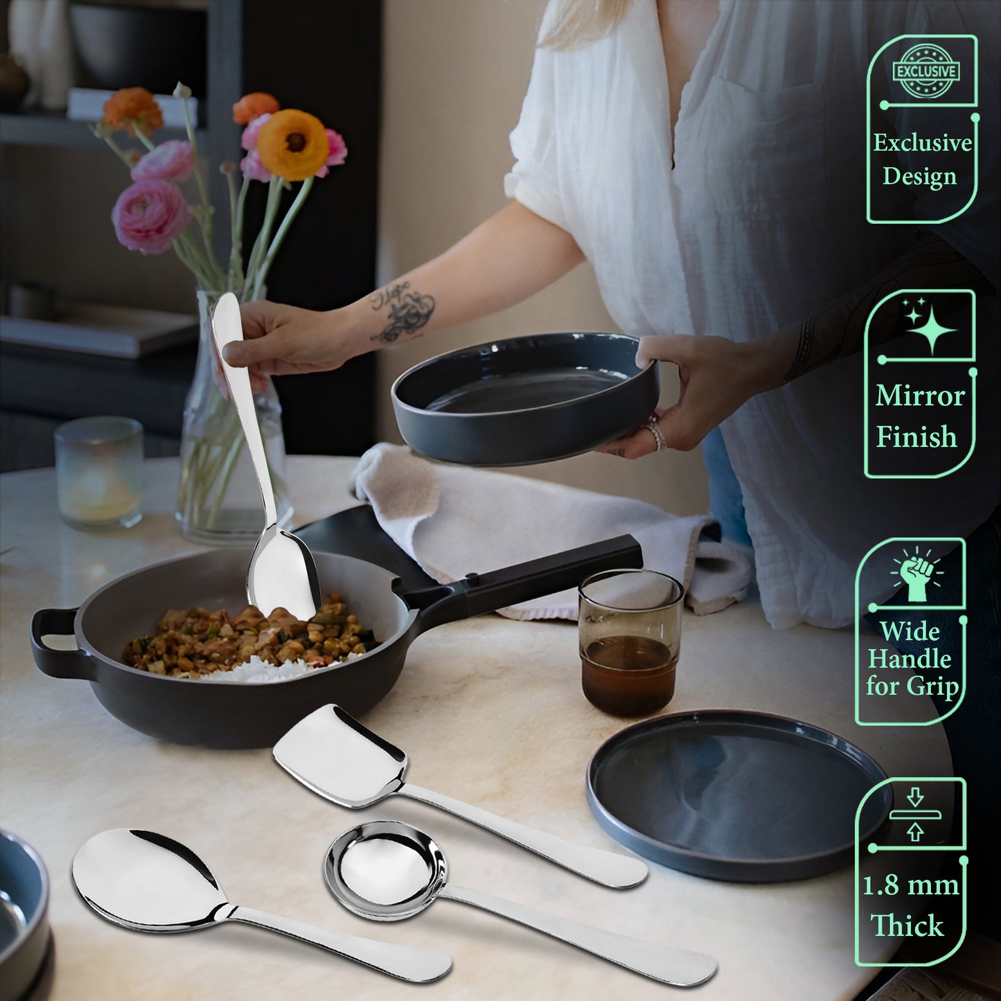 4-Piece Stainless Steel Serving Spoon Set | Heavy Gauge 1.8mm | Kitchen & Dining Use