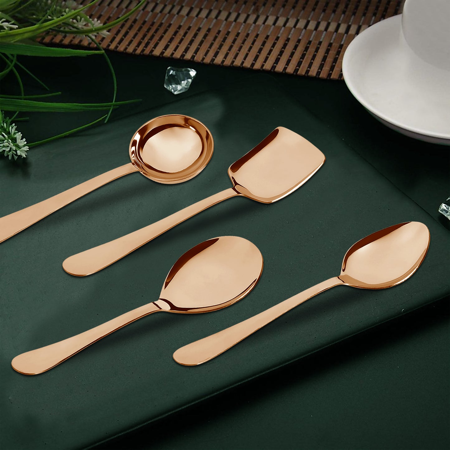 4-Piece Stainless Steel Rose Gold Serving Spoon Set | Heavy Gauge 1.8mm, 1 Soup, 1 Solid & 2 Rice Spoons