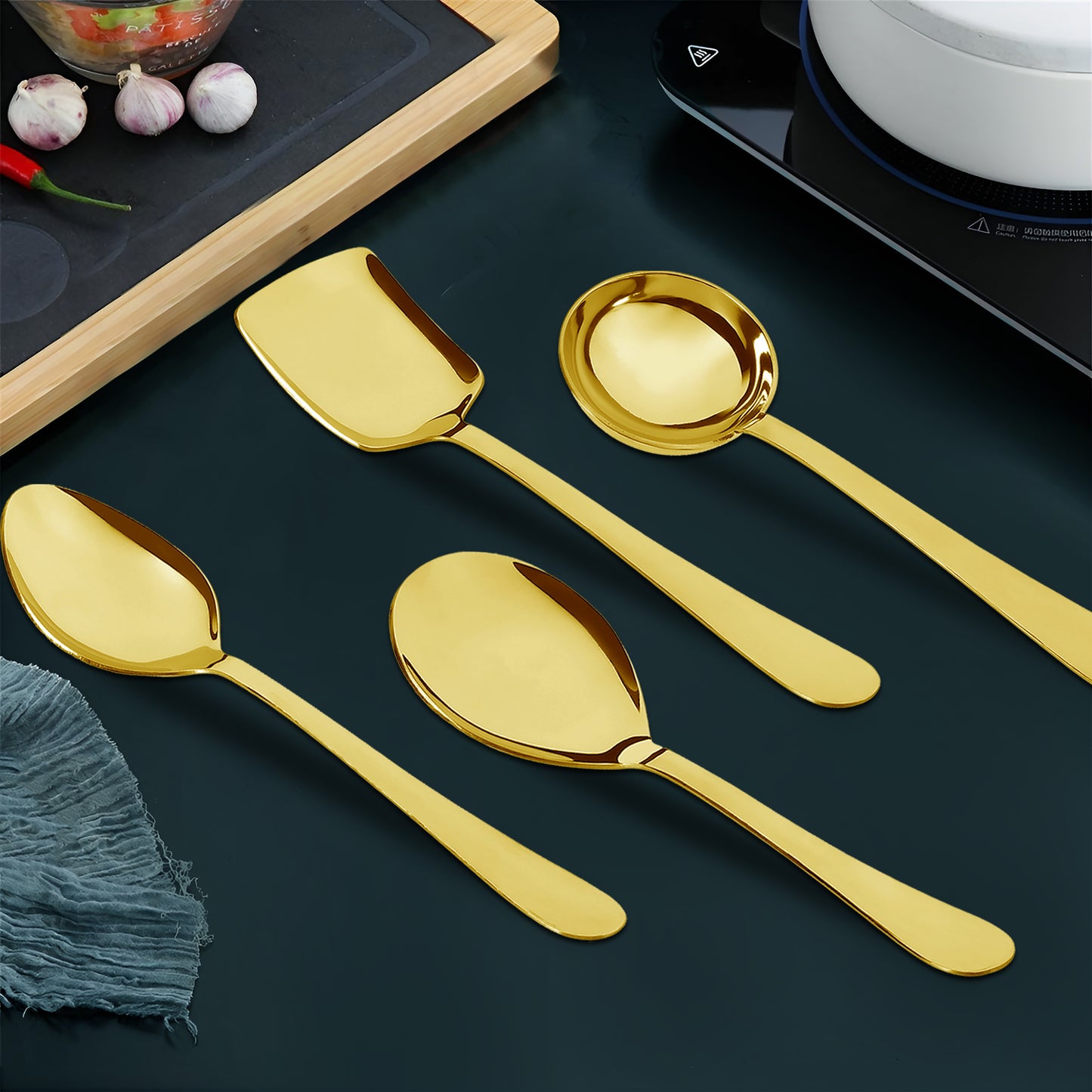 4 Pcs Stainless Steel Gold Serving Spoons Set - Heavy Gauge Kitchen Use
