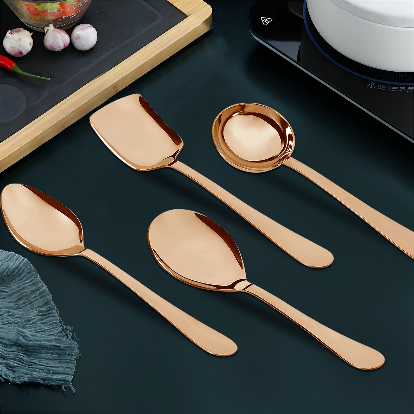 4-Piece Stainless Steel Rose Gold Serving Spoon Set | Heavy Gauge 1.8mm, 1 Soup, 1 Solid & 2 Rice Spoons