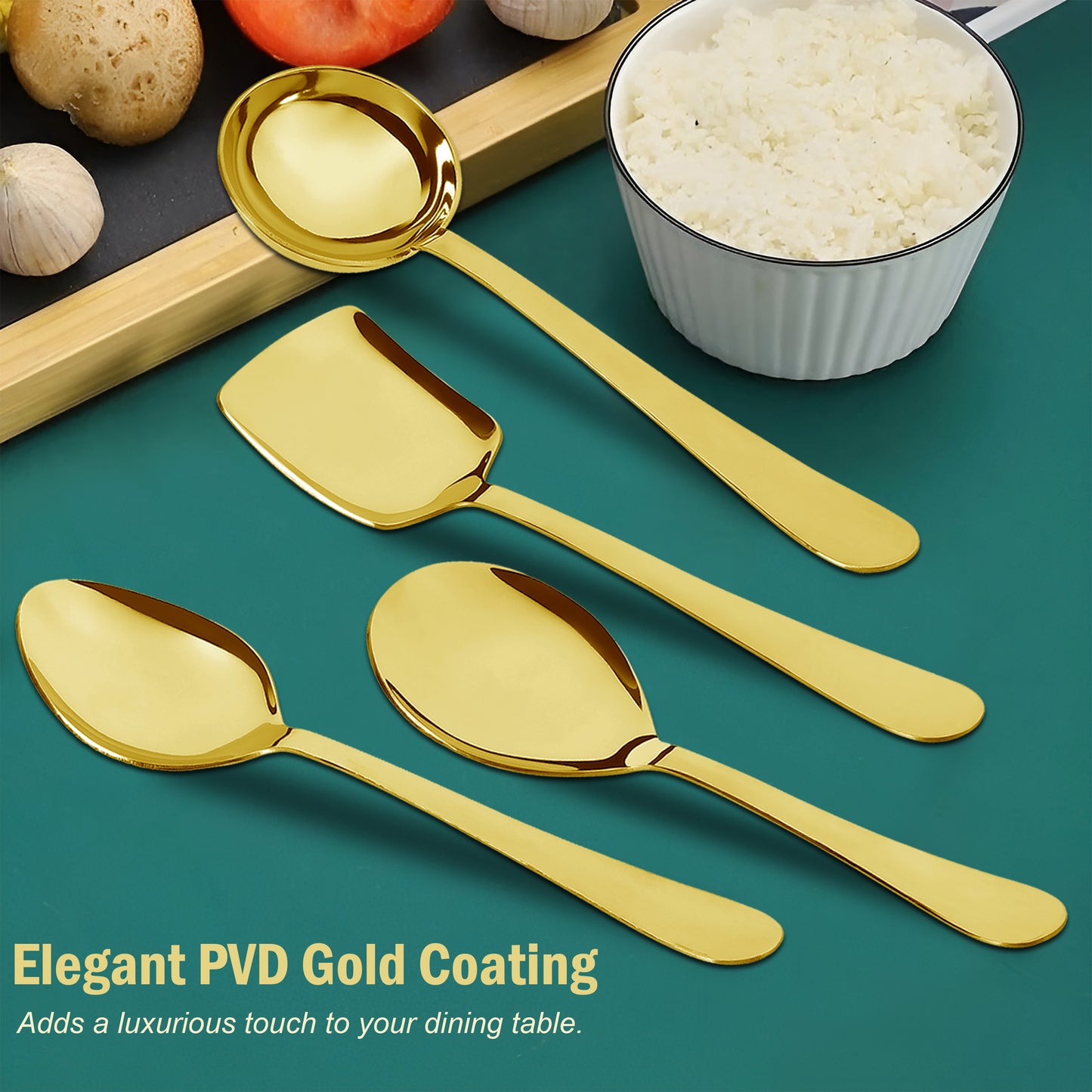 4 Pcs Stainless Steel Gold Serving Spoons Set - Heavy Gauge Kitchen Use