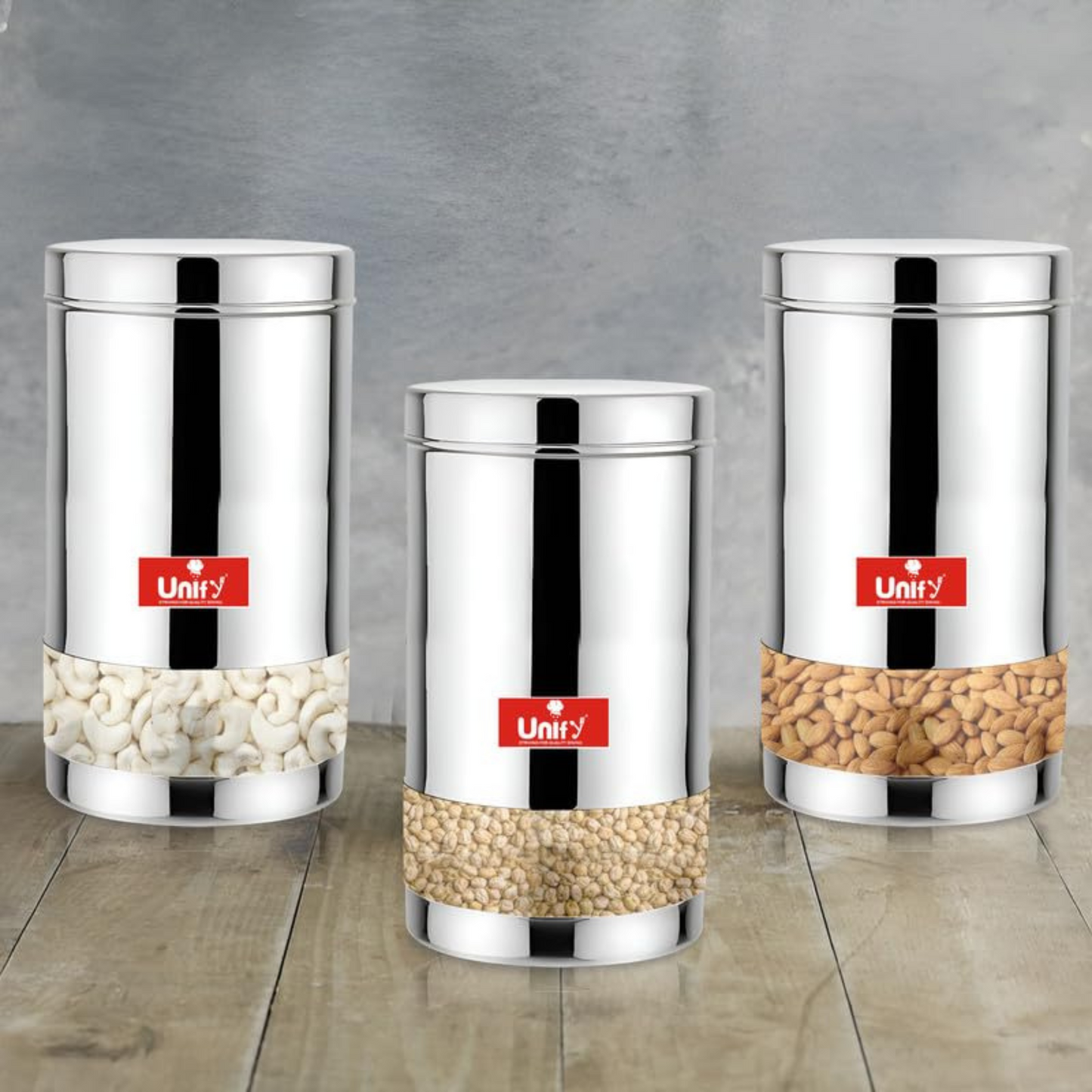 3-Piece Stainless Steel Container Set | 900ML Airtight Jars for Home & Kitchen - Ideal for Spices, Food Grains, Nuts, Glossy Finish