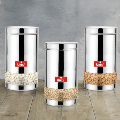 3-Piece Stainless Steel Container Set | 900ML Airtight Jars for Home & Kitchen - Ideal for Spices, Food Grains, Nuts, Glossy Finish