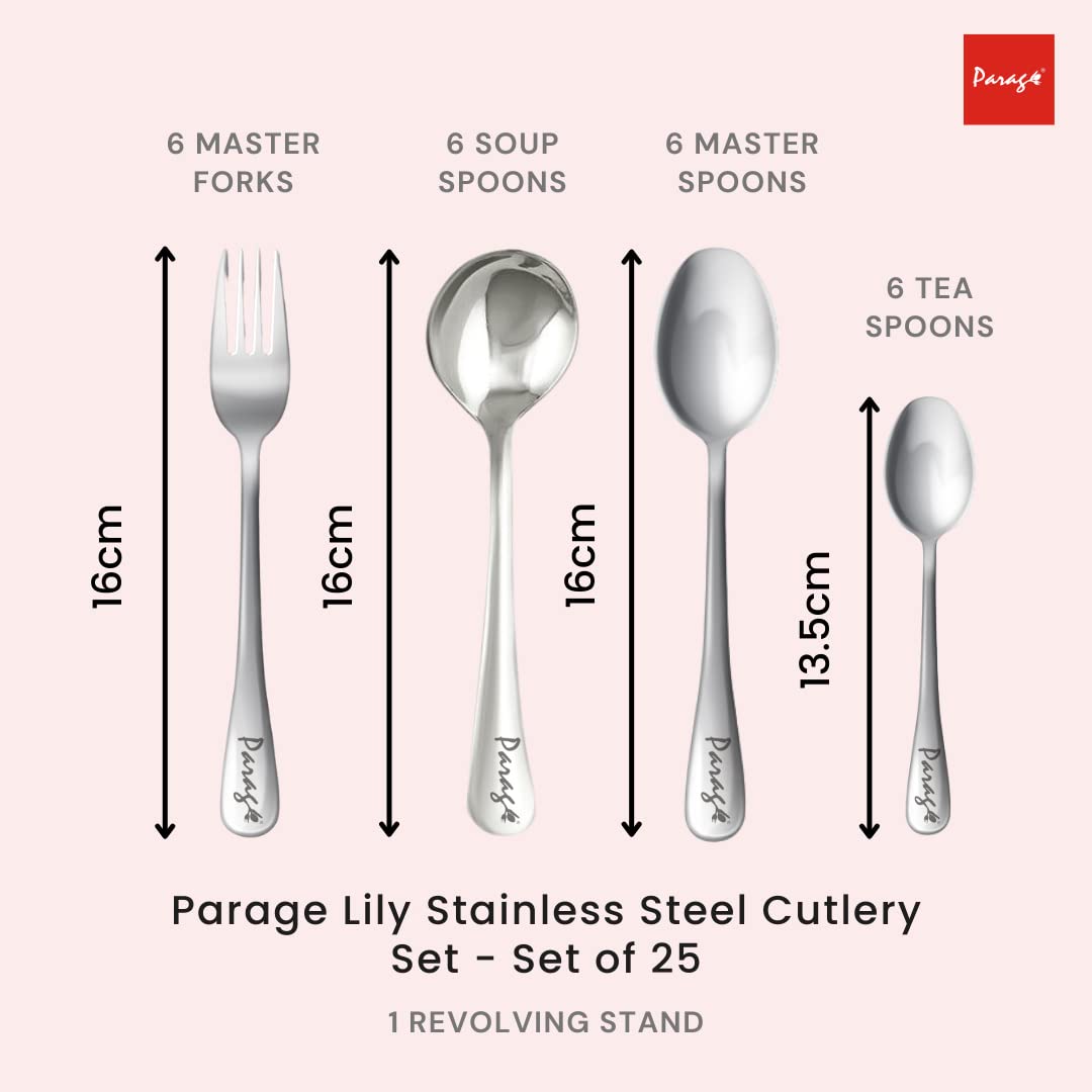 24 Pcs Lily Stainless Steel Cutlery Set with Stand - 6 Dinner Spoons, 6 Tea Spoons, 6 Forks, 6 Soup SpoonsLILY1030PARAG1 3
