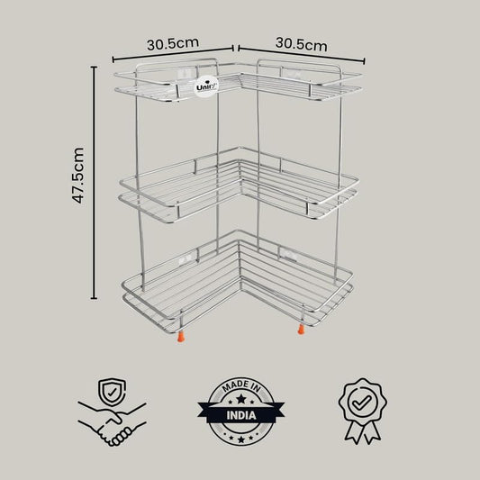 3 Tier Stainless Steel Corner Kitchen Rack | L Shape Storage Shelf Organizer