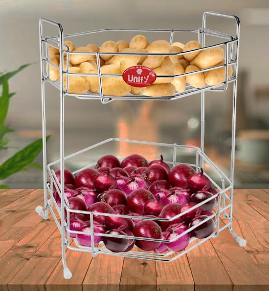 Stainless Steel 2-Tier Fruits & Vegetables Basket | Kitchen Storage Rack Organizer (Chrome) HEXA2BSKTC 3