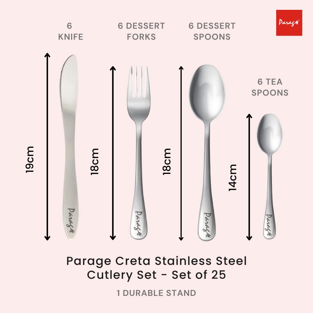 25 Pcs Creta Stainless Steel Cutlery Set - 6 Table Spoons, 6 Forks, 6 Tea Spoons, 6 Knives & Stand, SilverCRETAPARAG1 2