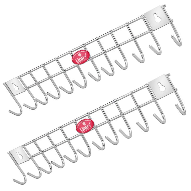 2-Piece Stainless Steel Wall Cloth Hanger with 12 Hooks | Bathroom & Kitchen (Silver) 12HOOKRAIL2 1