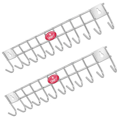 2-Piece Stainless Steel Wall Cloth Hanger with 12 Hooks | Bathroom & Kitchen (Silver) 12HOOKRAIL2 1