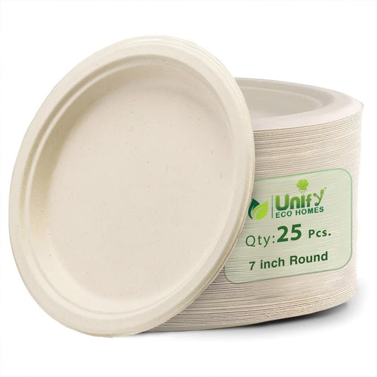 25pc Bagasse Plates | 7in Eco-Friendly Disposable | White7INCHBGPLATE251 1