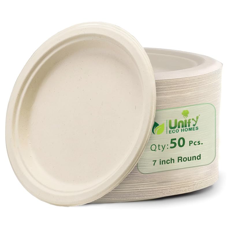 50pc Bagasse Plates | 7in Eco-Friendly Disposable | White7INCHBGPLATE501 1