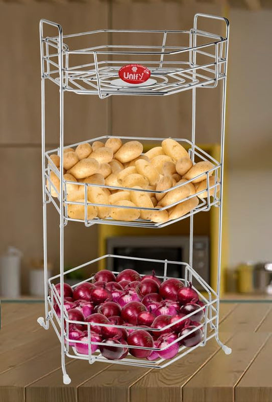 Stainless Steel 3-Tier Fruits & Vegetables Basket | Kitchen Storage Rack Organizer (Chrome)