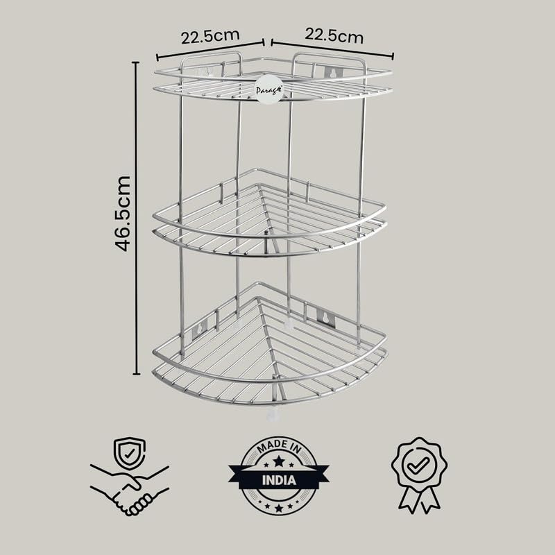 3-Tier Stainless Steel Kitchen Rack | Multipurpose Corner Shelf & Organizer, Vegetable Stand & Storage, 23×23×48 cm93CORNER1 3