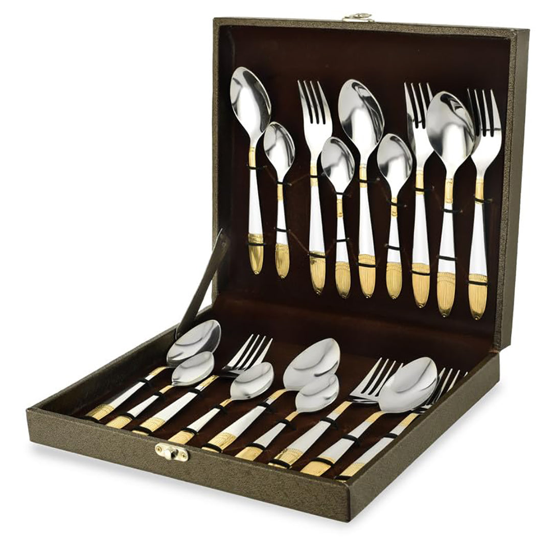18pc Stainless Steel Golden Cutlery | Gift Box | Ivory Design