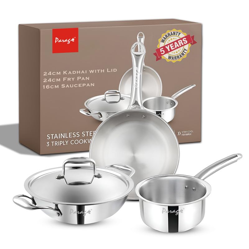 Stainless Steel Cookware Set | 24cm Kadhai with Lid, 24cm Frypan & 16cm Saucepan, Induction & Gas Compatible, Even Heat, Dishwasher Safe, 5-Year WarrantyTPCOMBO41 1