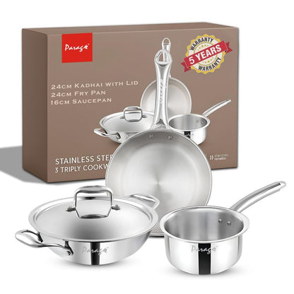 Stainless Steel Cookware Set | 24cm Kadhai with Lid, 24cm Frypan & 16cm Saucepan, Induction & Gas Compatible, Even Heat, Dishwasher Safe, 5-Year WarrantyTPCOMBO41 1
