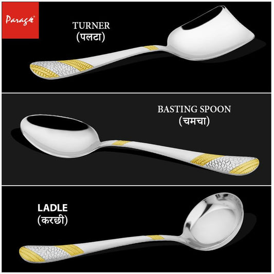 4-Piece Stainless Steel Gold Serving Spoon Set | Heavy Gauge 1.8mm, 1 Soup, 1 Solid & 2 Rice Spoons (24K Gold, Pack of 4)