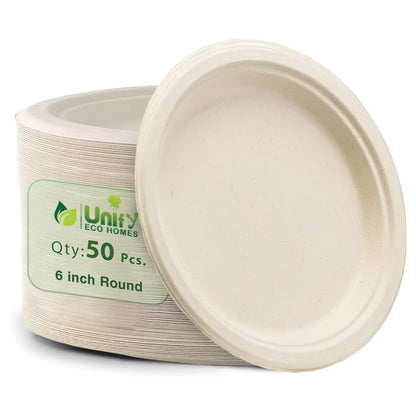 50pc Bagasse Plates | 6in Eco-Friendly Disposable | White6INCHBGPLATE501 1